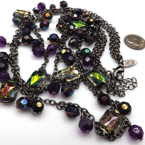 New York Iridescent Rhinestones Beads Necklace, Gunmetal Gray, 3 Strands, 20" - Picture 7 of 9